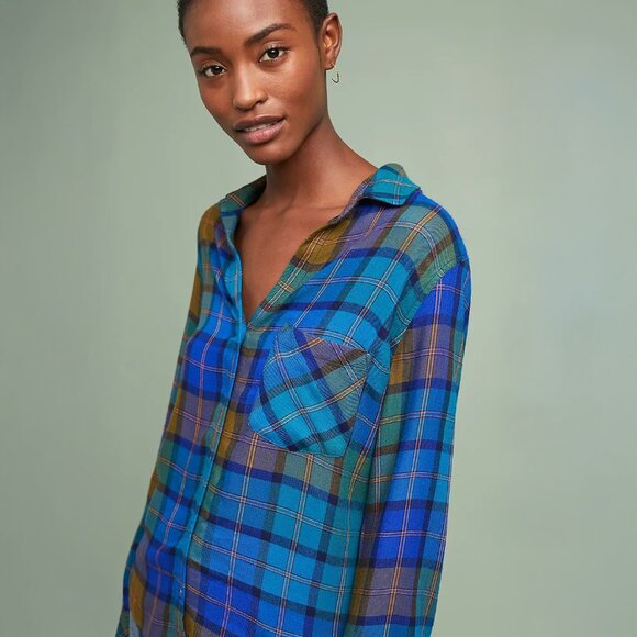 Anthropologie cloth & stone Shoshone Plaid Buttondown in Turquoise - sz Small - Picture 2 of 10